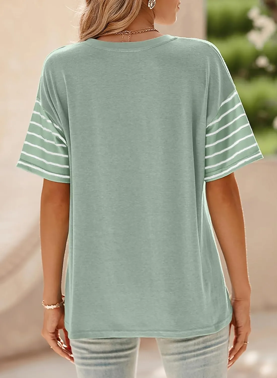 Dokotoo Summer Tops Trendy Oversized 2025 Crewneck Casual Color Block Striped Womens Shirts Blouses