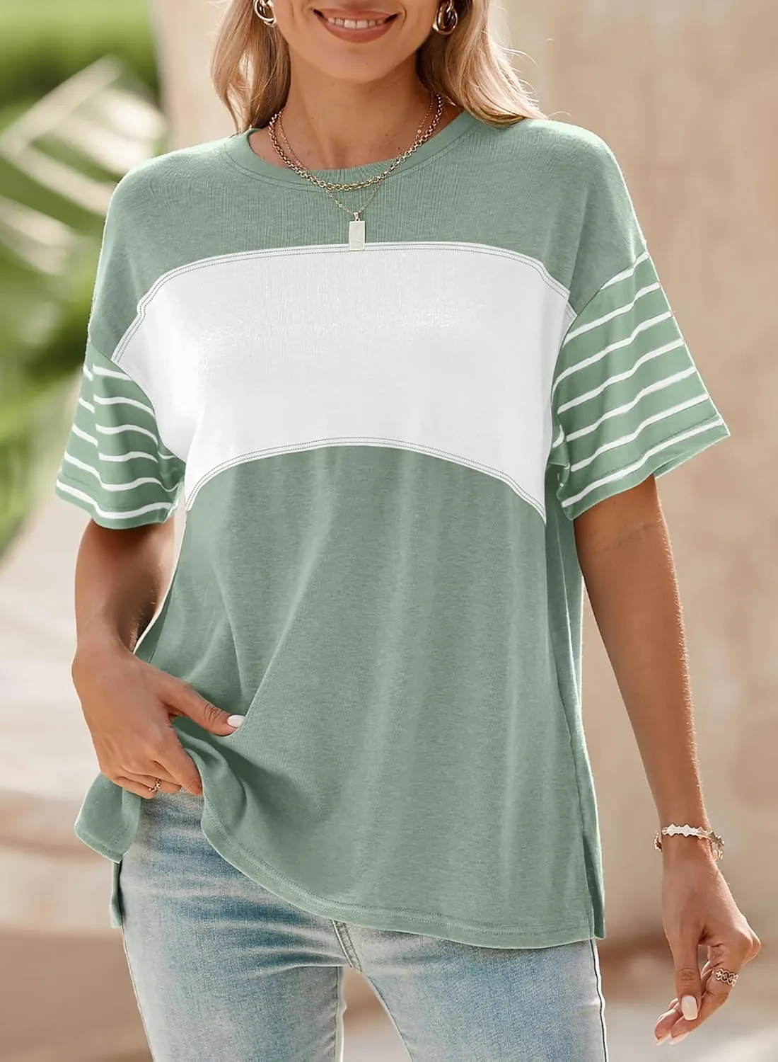 Dokotoo Summer Tops Trendy Oversized 2025 Crewneck Casual Color Block Striped Womens Shirts Blouses