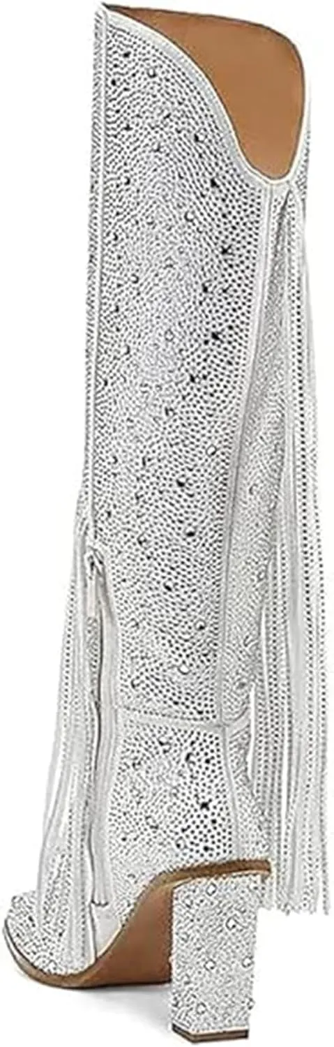 DOREENDORIS Fringe Boots for Women Rhinestone Knee High Boots Square Toe Side Zipper Chunky Heel Sparkly Boots