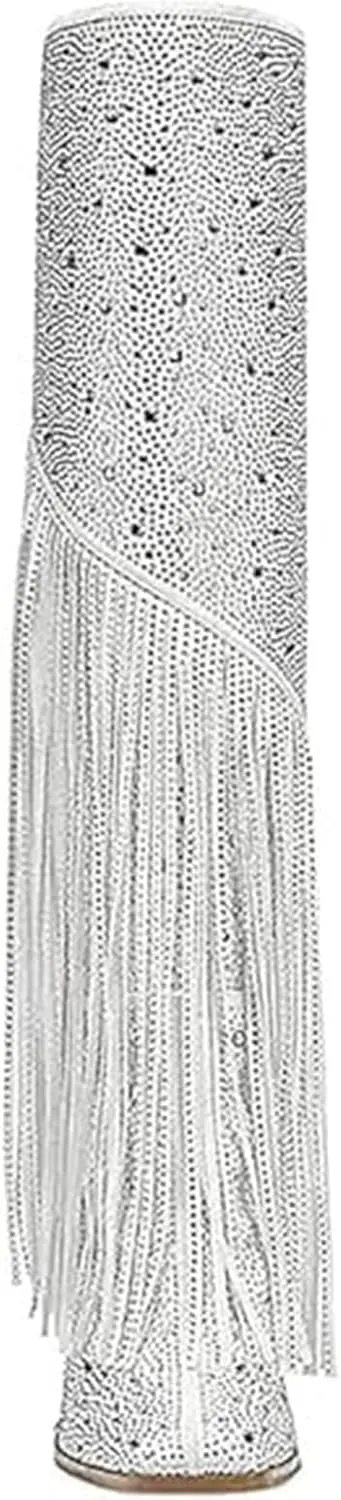 DOREENDORIS Fringe Boots for Women Rhinestone Knee High Boots Square Toe Side Zipper Chunky Heel Sparkly Boots