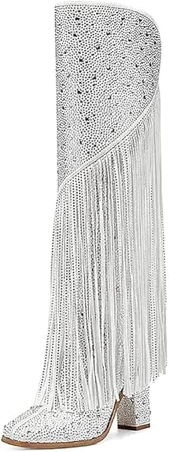 DOREENDORIS Fringe Boots for Women Rhinestone Knee High Boots Square Toe Side Zipper Chunky Heel Sparkly Boots