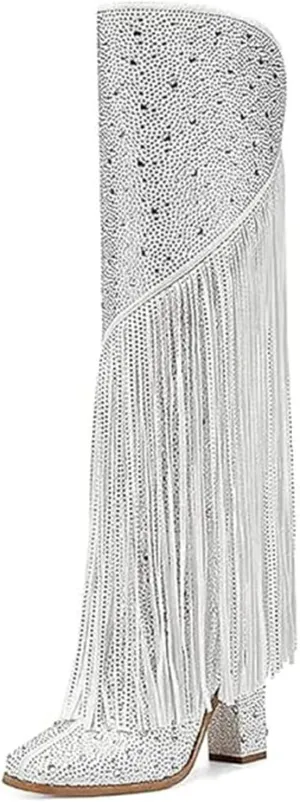 DOREENDORIS Fringe Boots for Women Rhinestone Knee High Boots Square Toe Side Zipper Chunky Heel Sparkly Boots