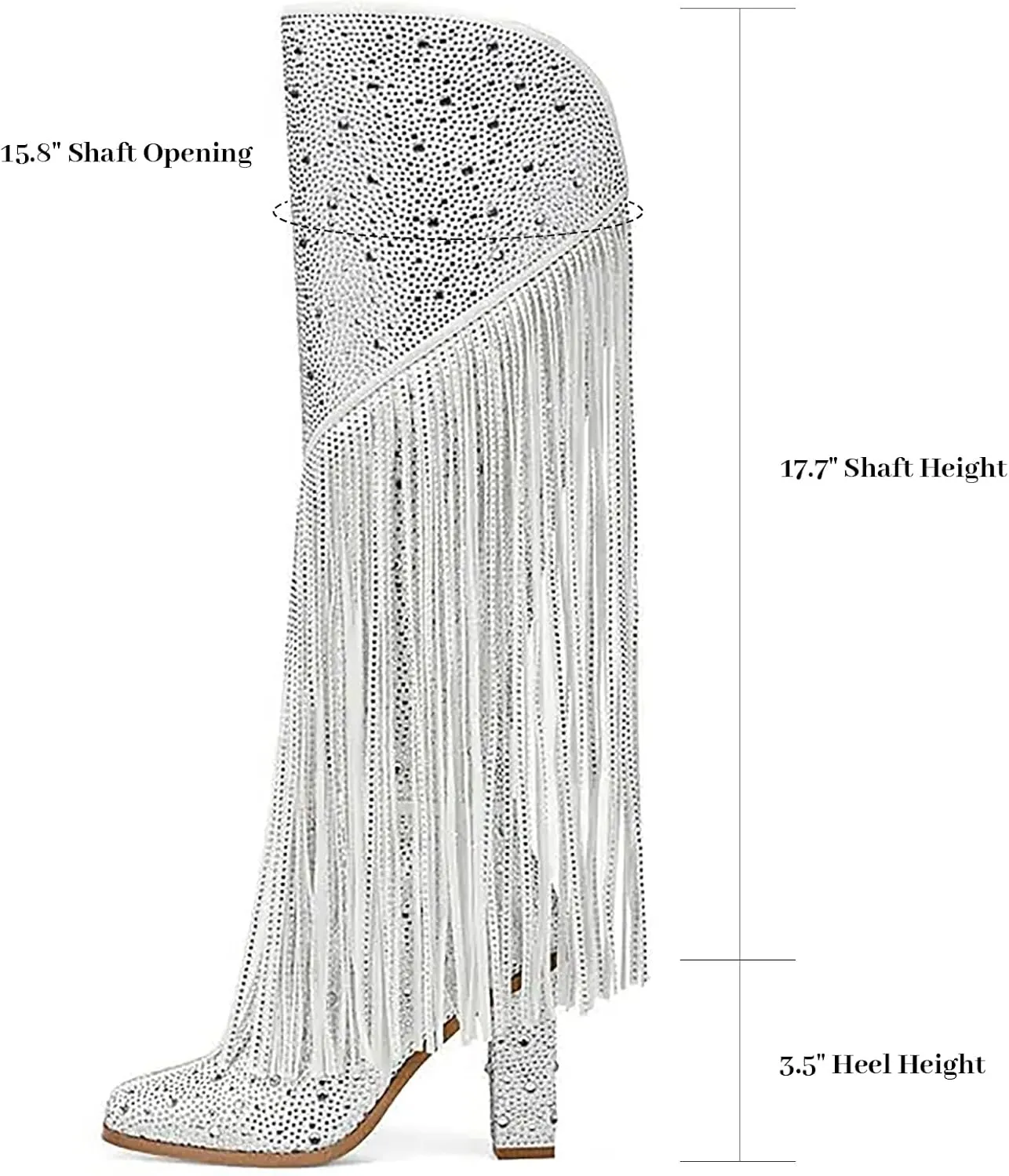 DOREENDORIS Fringe Boots for Women Rhinestone Knee High Boots Square Toe Side Zipper Chunky Heel Sparkly Boots