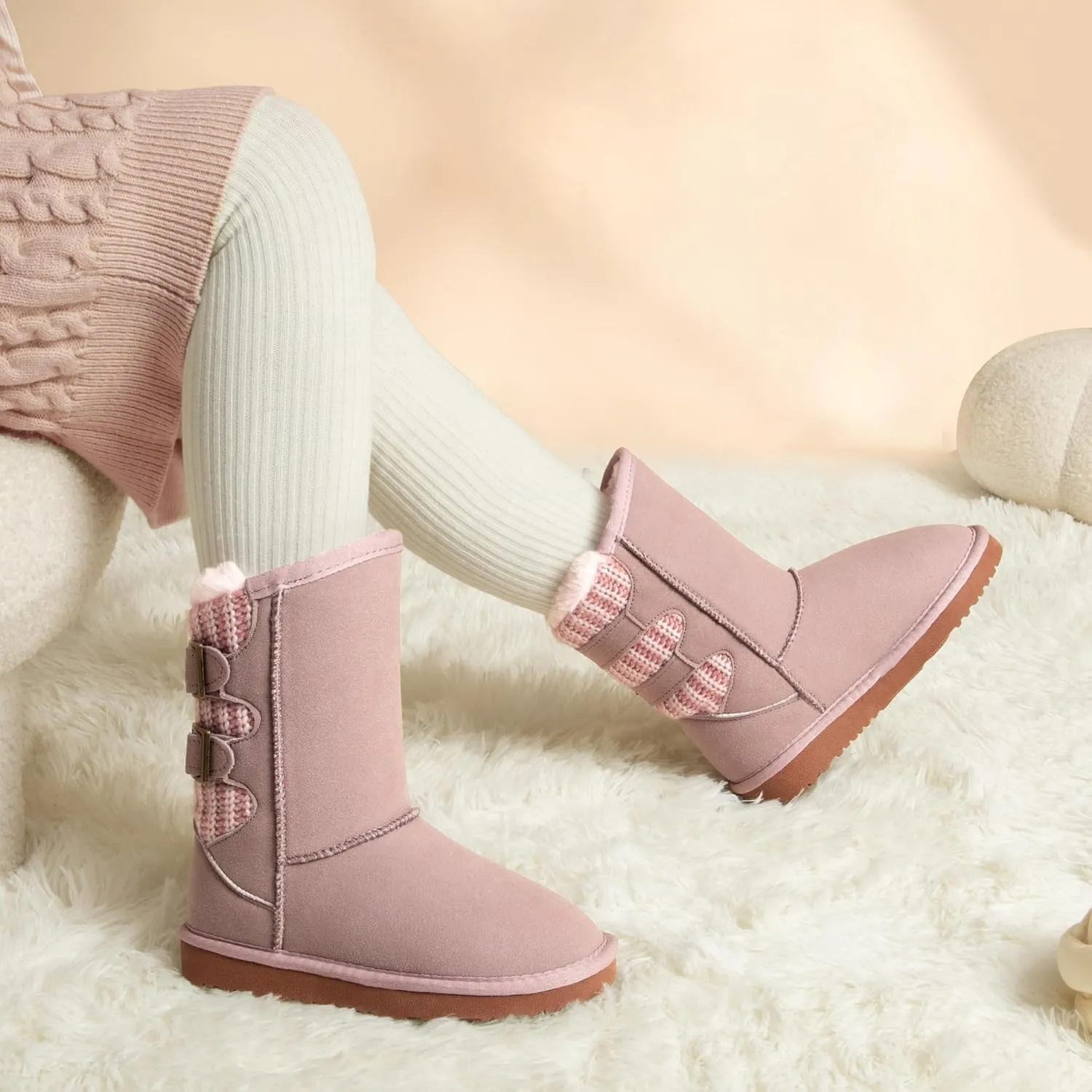 DREAM PAIRS Girls Boys Winter Boots Faux Fur Lined Mid Calf Kids Snow Tall Shoes FuzzyChic Kid's Buckle for Little Kid/Big Kid