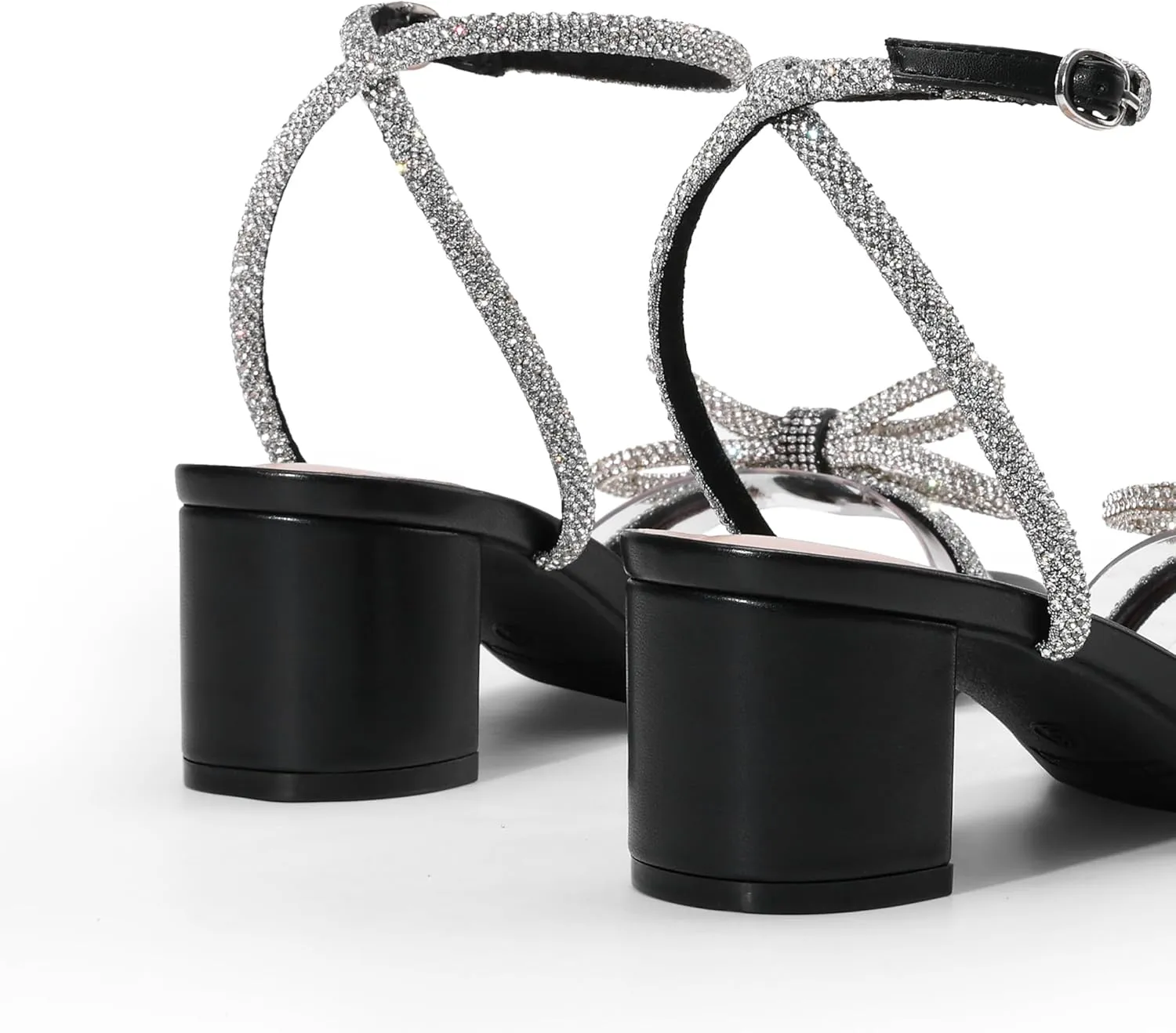 DREAM PAIRS Women's Double Bowknots Crystal Sandals Low Chunky Heels Clear Slingback Dress Shoes for Wedding Bridal Party
