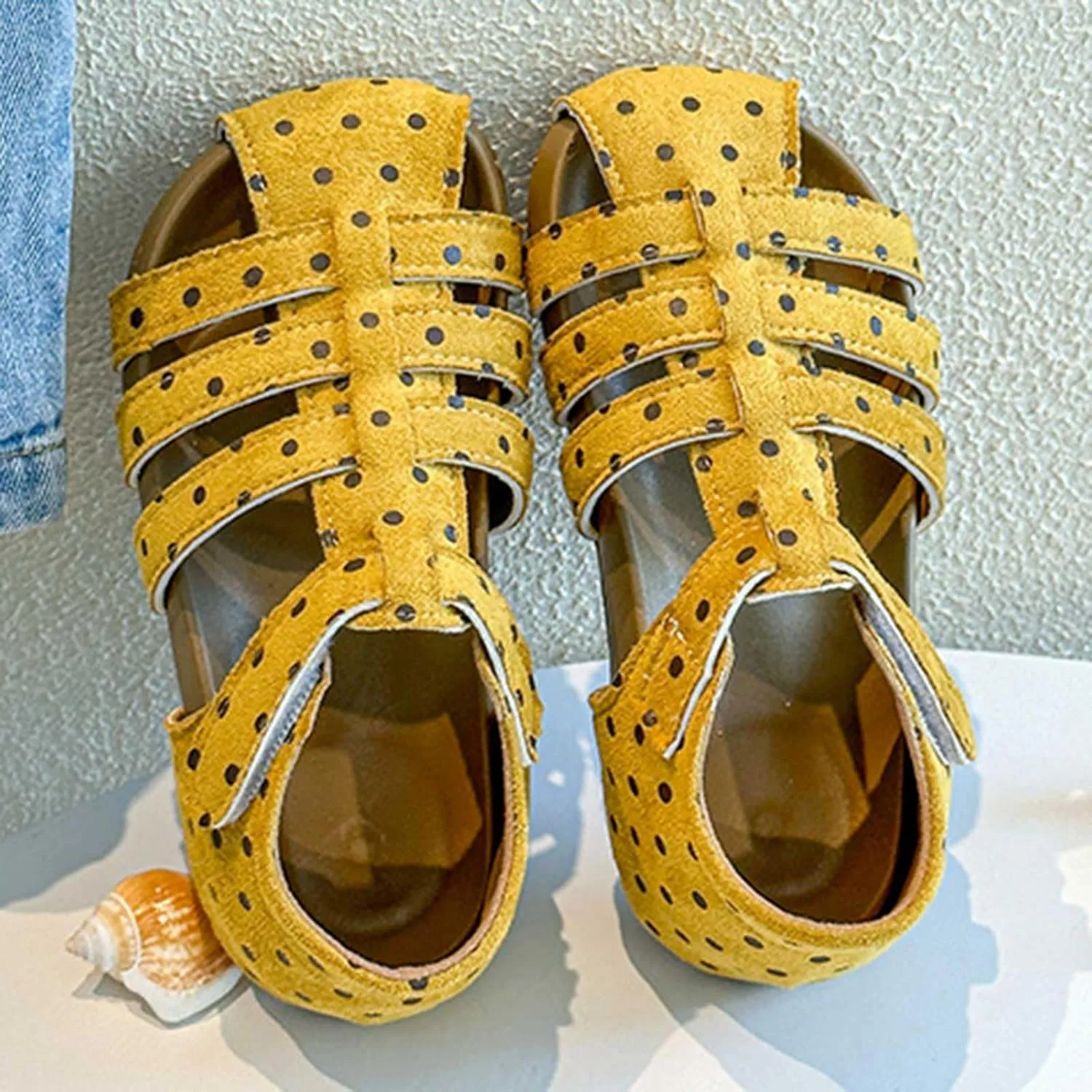 Dress Sandals Ankle Strap Girls Polka Dot Sandals Children's Hollow Breathable Closed Toe Beach Shoes Girls Shoes