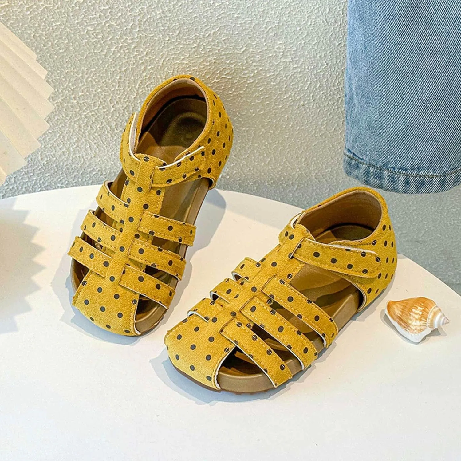 Dress Sandals Ankle Strap Girls Polka Dot Sandals Children's Hollow Breathable Closed Toe Beach Shoes Girls Shoes
