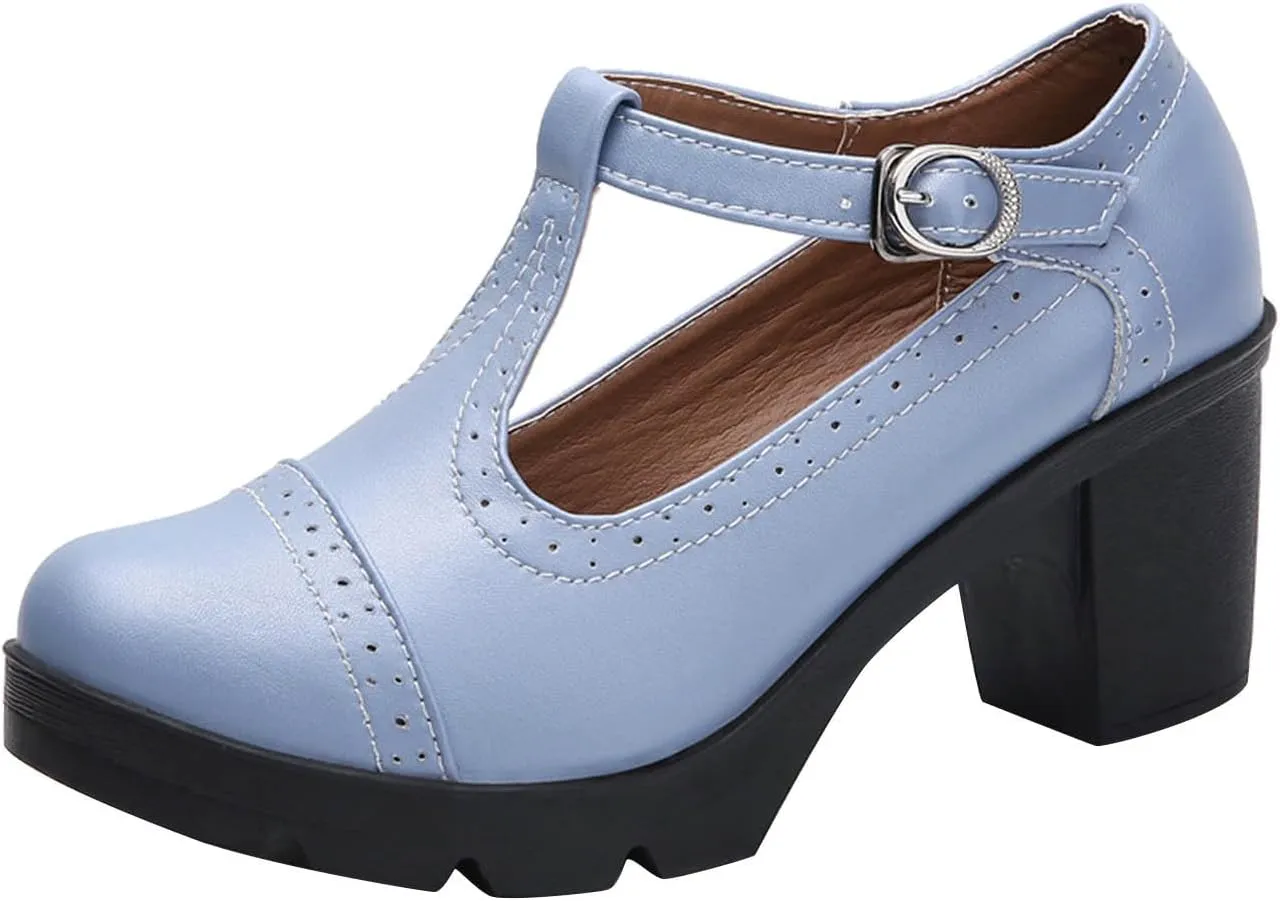 Dress Wedding Shoes for Women Low Block Heels Mary Jane Chunky T-Strap Interview Shoes Closed Toe Oxfords Pump Shoes