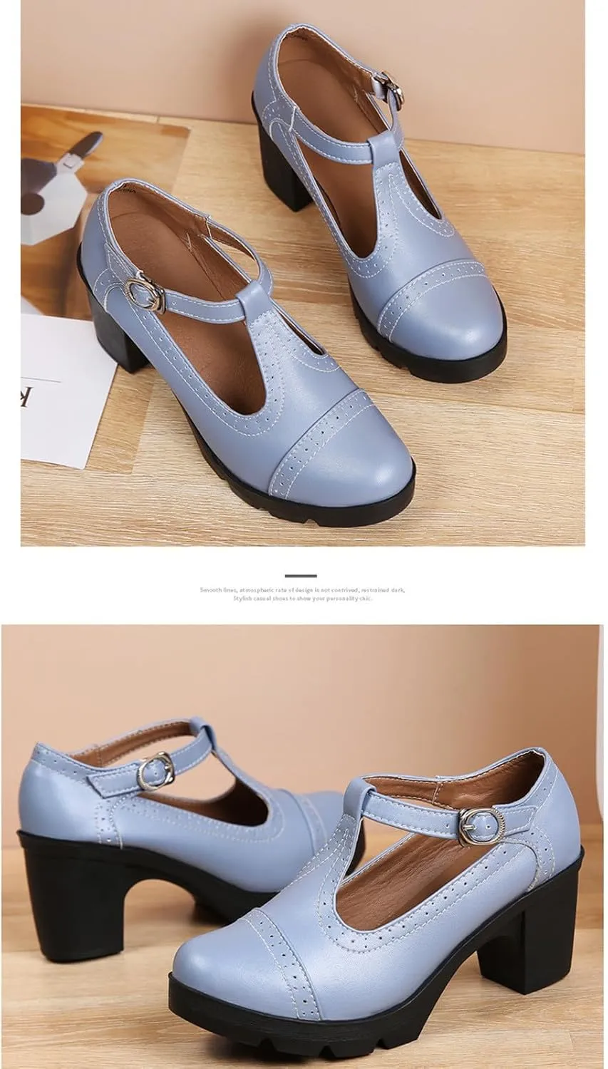 Dress Wedding Shoes for Women Low Block Heels Mary Jane Chunky T-Strap Interview Shoes Closed Toe Oxfords Pump Shoes