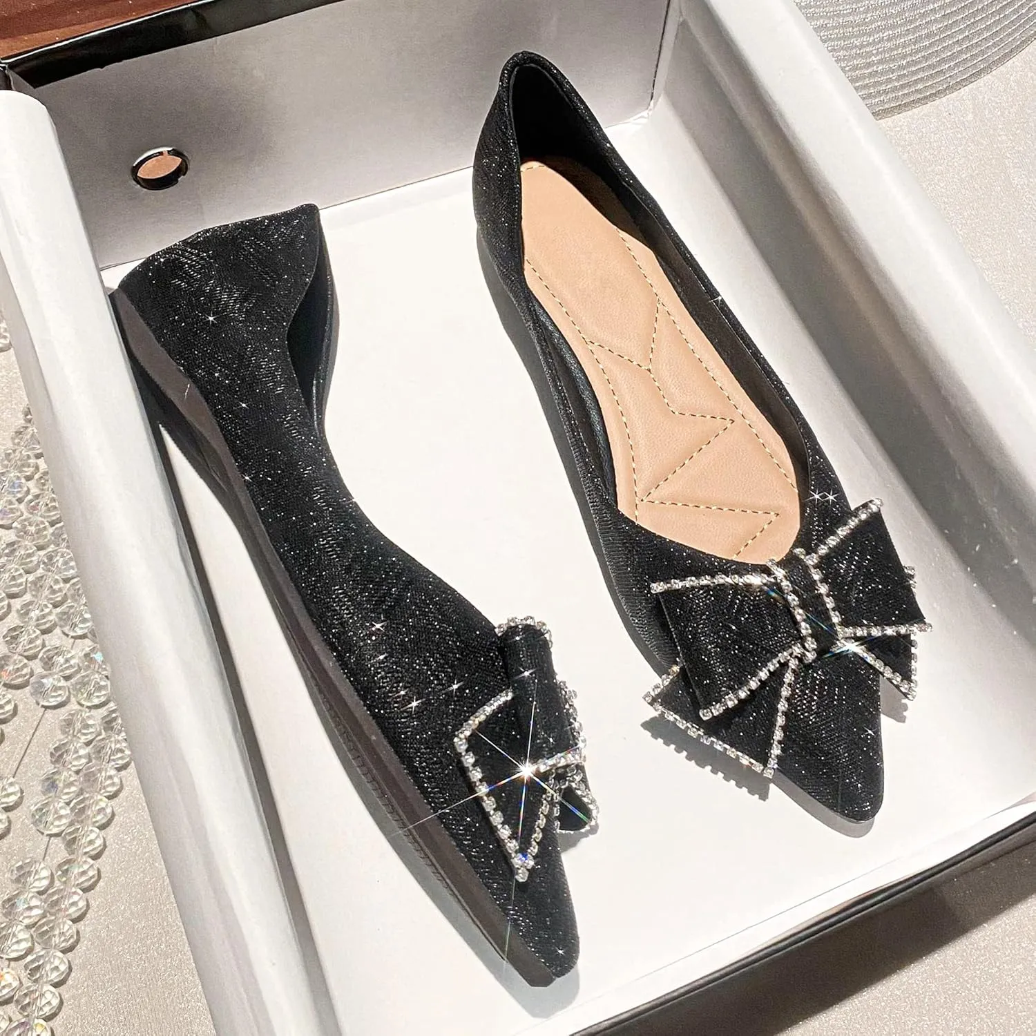 Dressy Flats Sequins Bow-Knot Shoes for Women Pointed Toe Bridal Wedding Shoes Comfortable Loafers Slip-ons