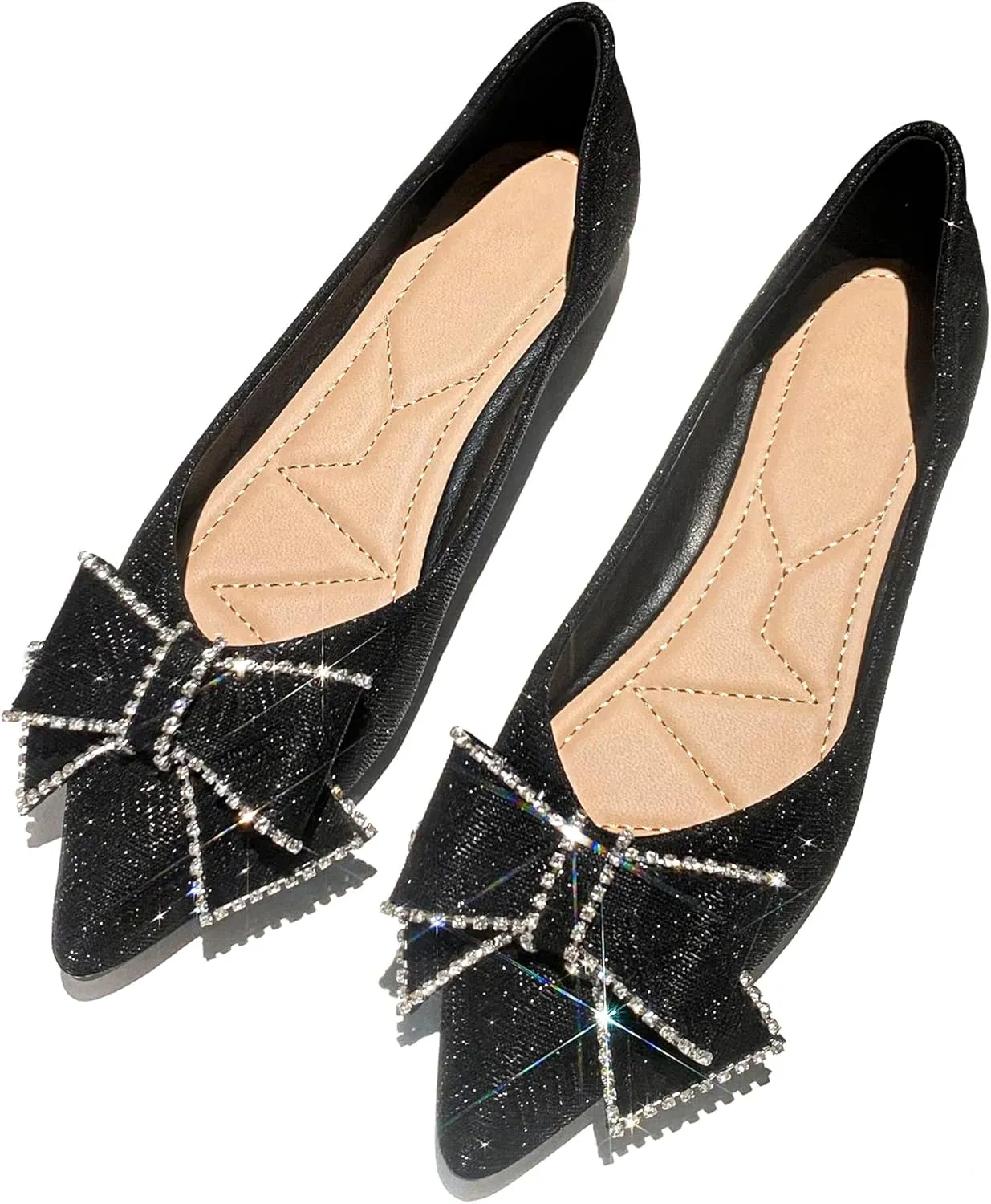 Dressy Flats Sequins Bow-Knot Shoes for Women Pointed Toe Bridal Wedding Shoes Comfortable Loafers Slip-ons