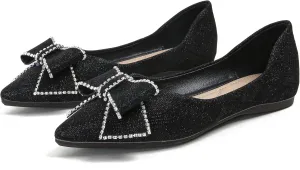 Dressy Flats Sequins Bow-Knot Shoes for Women Pointed Toe Bridal Wedding Shoes Comfortable Loafers Slip-ons
