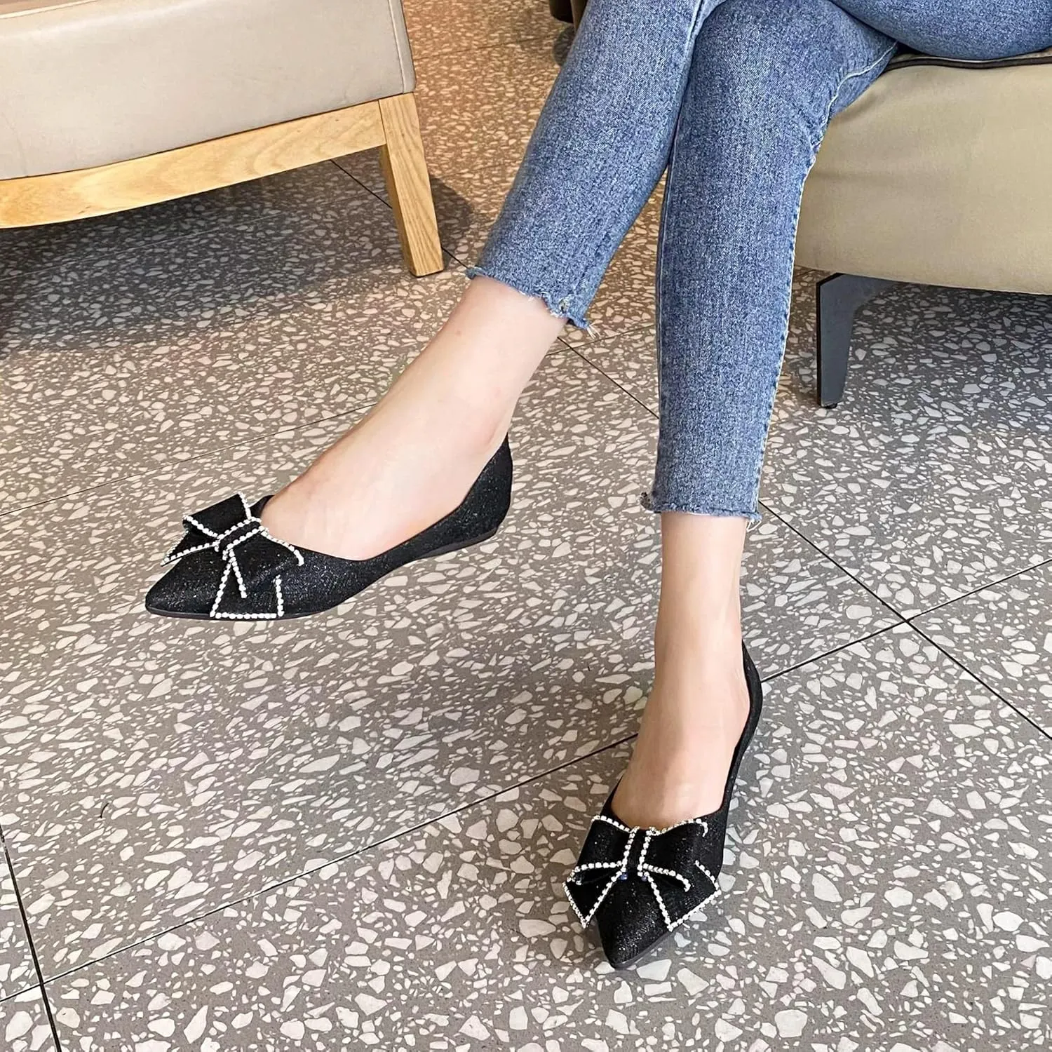Dressy Flats Sequins Bow-Knot Shoes for Women Pointed Toe Bridal Wedding Shoes Comfortable Loafers Slip-ons