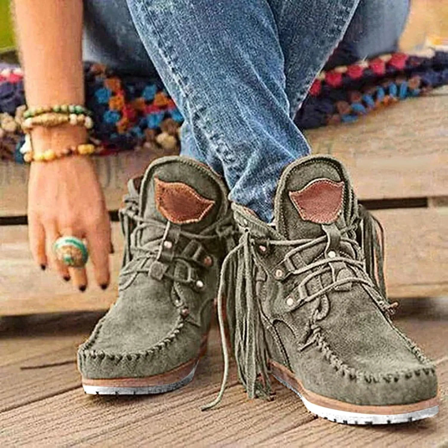 Eduavar Cowboy Boots for Women Cowboy Style, Cowgirl Boots Women Retro Tassel Boots Shoes Cowgirl Square Toe Lace Up Boots