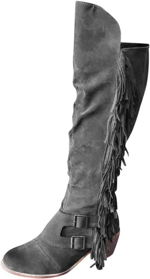 Eduavar Cowboy Boots for Women Cowboy Style, Cowgirl Boots Women Wide Calf Low Heel Fringes Boots Lassy Tassel Western Boots