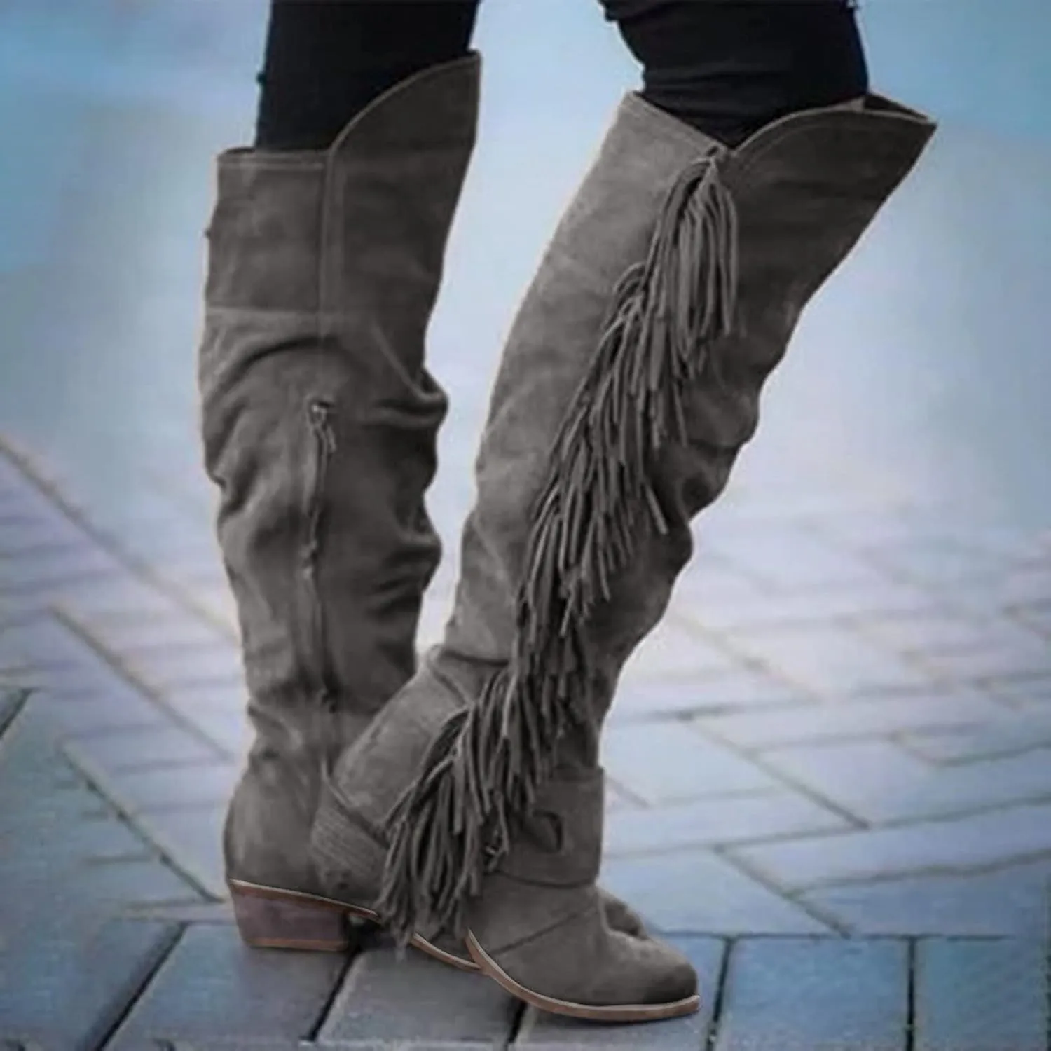 Eduavar Cowboy Boots for Women Cowboy Style, Cowgirl Boots Women Wide Calf Low Heel Fringes Boots Lassy Tassel Western Boots