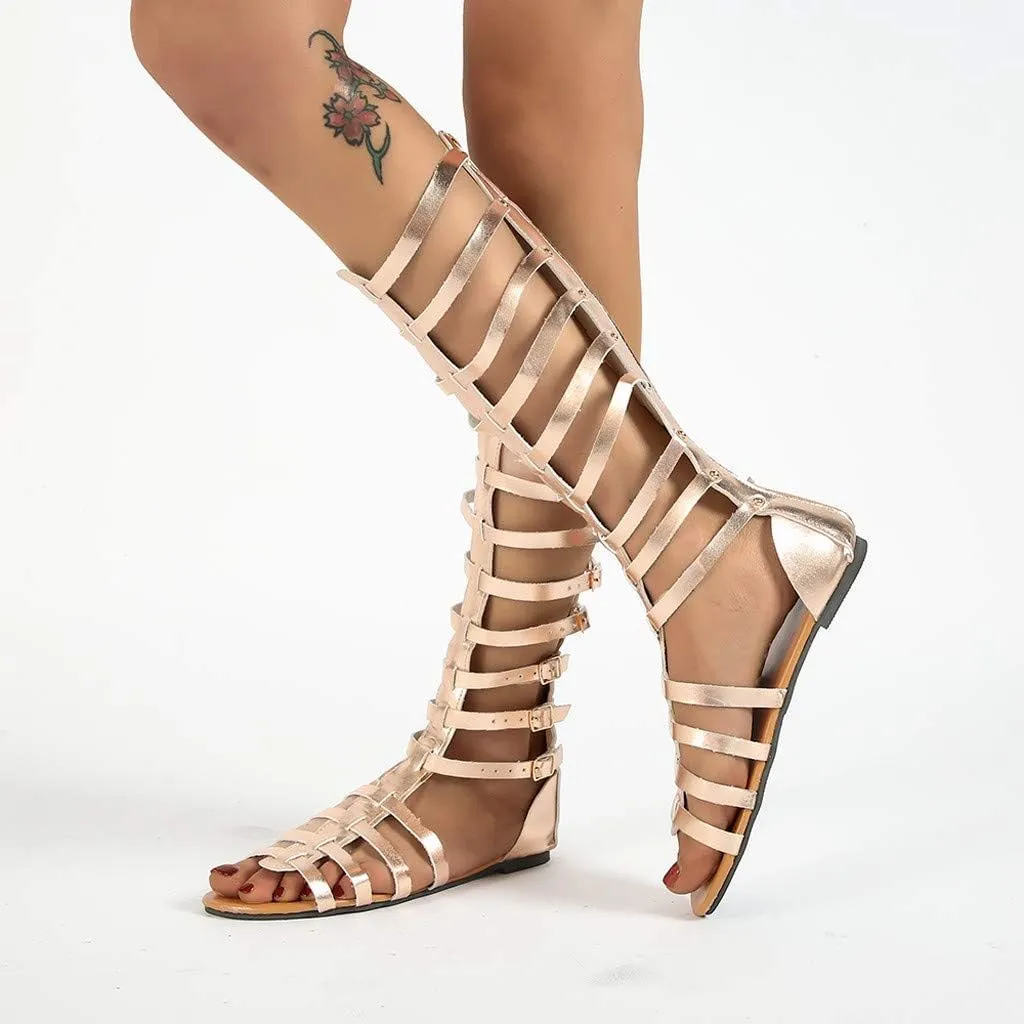 Eduavar Womens Sandals Walking Lace Up Knee High Flat Gladiator Sandals Strappy Criss Cross Open Toe Summer Beach Shoes