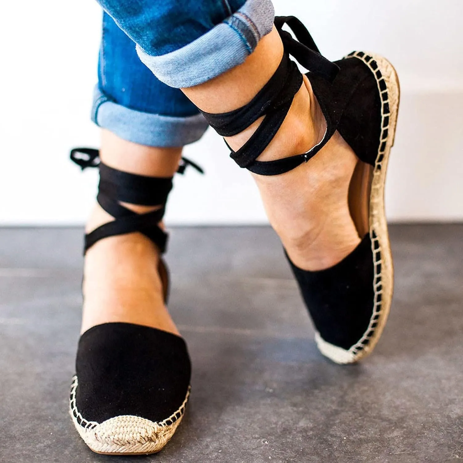 Eduavar Women's Summer Casual Wedge Lace Up Sandals, Black