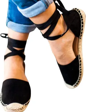 Eduavar Women's Summer Casual Wedge Lace Up Sandals, Black