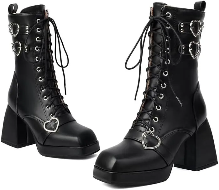Elbslutt Goth Platform Boots for Women Lace up Chunky High Heels Combat Ankle Boots Square Toe GOGO Boots Gothic Ankle Booties Block Heel Buckle Punk Shoes