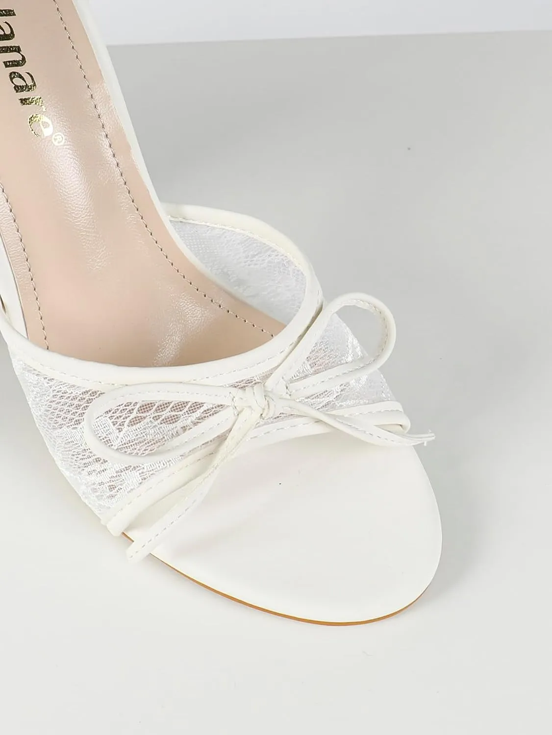 Elegant White Lace High Heel Mules for Women – Romantic Bow Accent Open-Toe Sandals with Transparent Chunky Heel for Weddings, Dates & Special Occasions