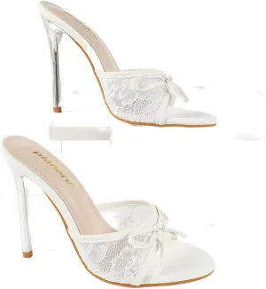 Elegant White Lace High Heel Mules for Women – Romantic Bow Accent Open-Toe Sandals with Transparent Chunky Heel for Weddings, Dates & Special Occasions