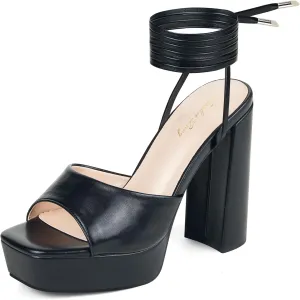 Elisabet Tang Women Strappy Heeled Sandals,4.7-Inch Lace Up Chunky Platform High Heels with Open Square Toes for Block Dressy Fashion Shoes at Prom