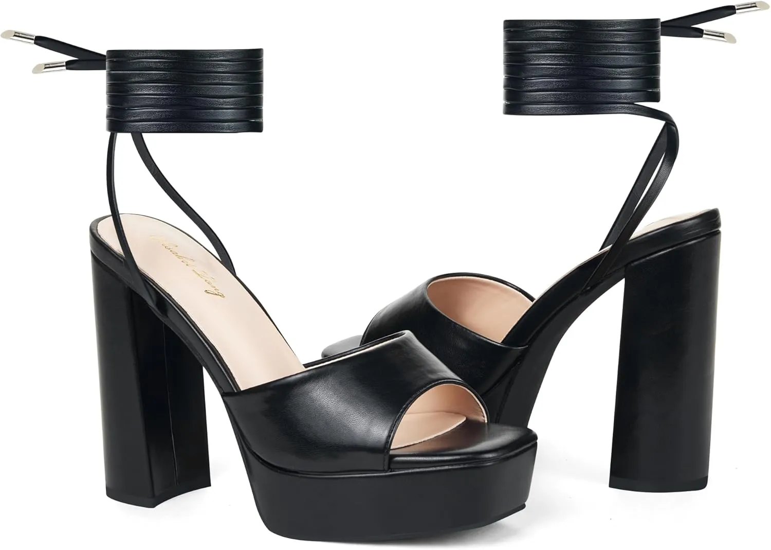 Elisabet Tang Women Strappy Heeled Sandals,4.7-Inch Lace Up Chunky Platform High Heels with Open Square Toes for Block Dressy Fashion Shoes at Prom