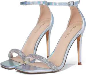 Elisabet Tang Women's Stiletto Heels Square Open Toe Ankle Strap High Heeled Sandals 4 Inch Comfort Sexy Dressy Shoes