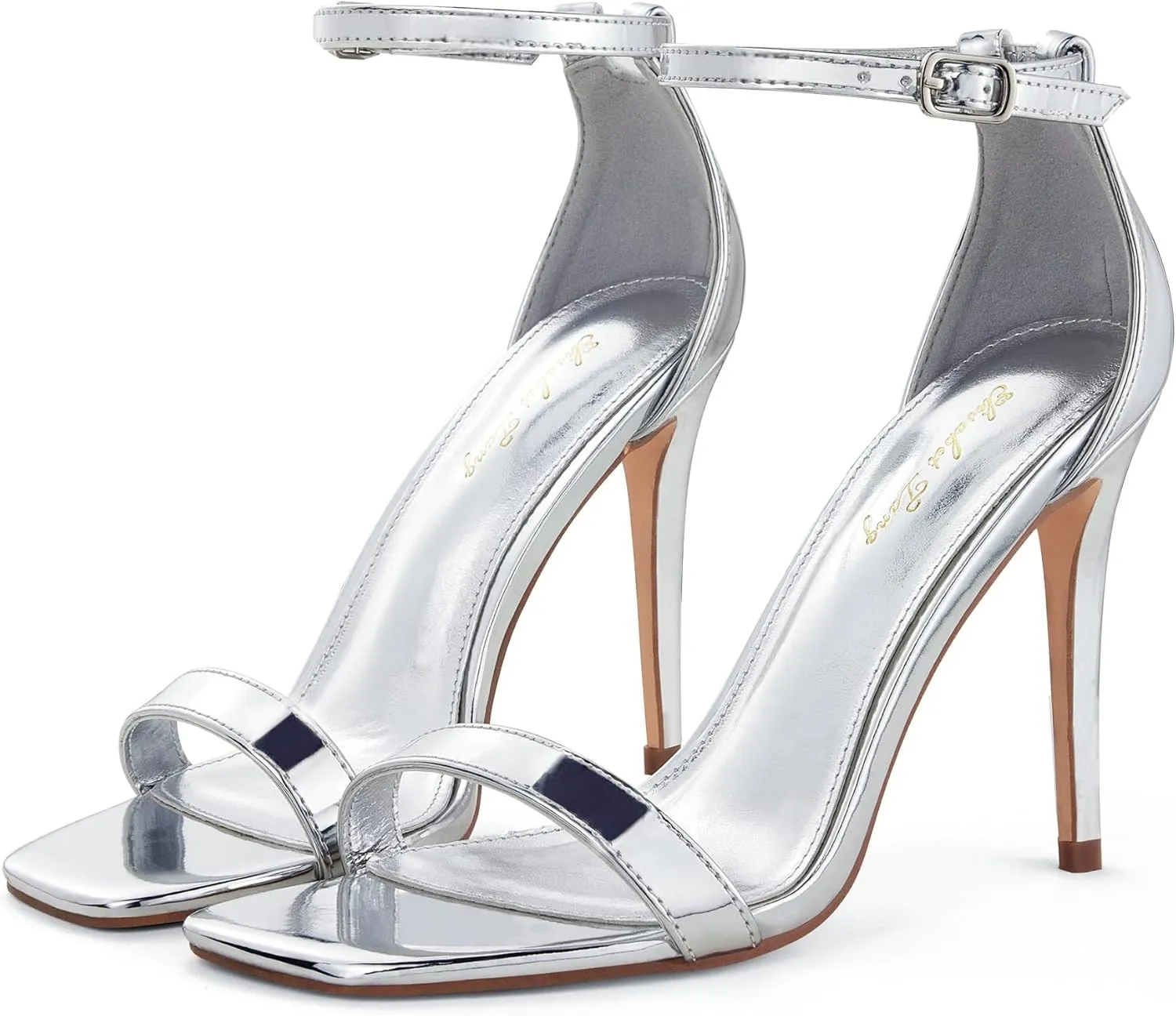 Elisabet Tang Women's Stiletto Heels Square Open Toe Ankle Strap High Heeled Sandals 4 Inch Comfort Sexy Dressy Shoes