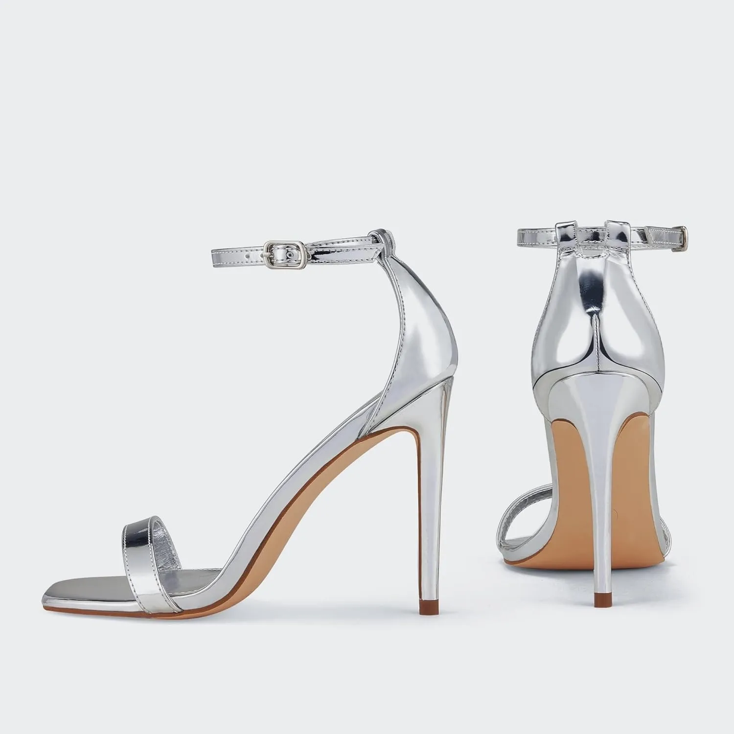 Elisabet Tang Women's Stiletto Heels Square Open Toe Ankle Strap High Heeled Sandals 4 Inch Comfort Sexy Dressy Shoes