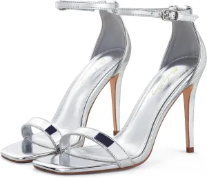 Elisabet Tang Women's Stiletto Heels Square Open Toe Ankle Strap High Heeled Sandals 4 Inch Comfort Sexy Dressy Shoes