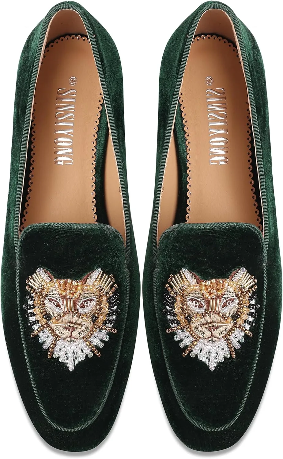 Embroidered Loafers for Women Round Toe Velvet Flats with Tiger Head Pattern