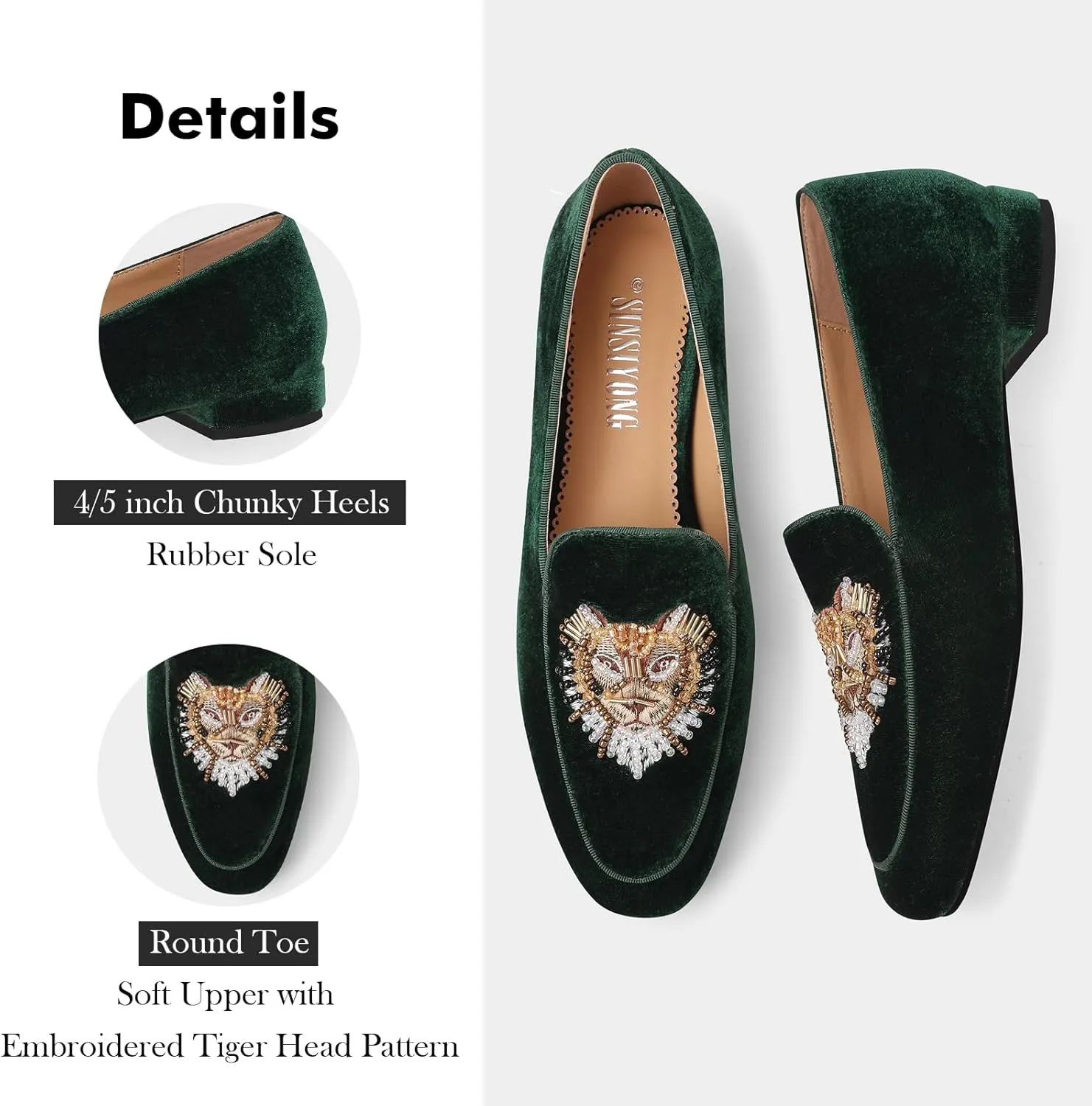 Embroidered Loafers for Women Round Toe Velvet Flats with Tiger Head Pattern