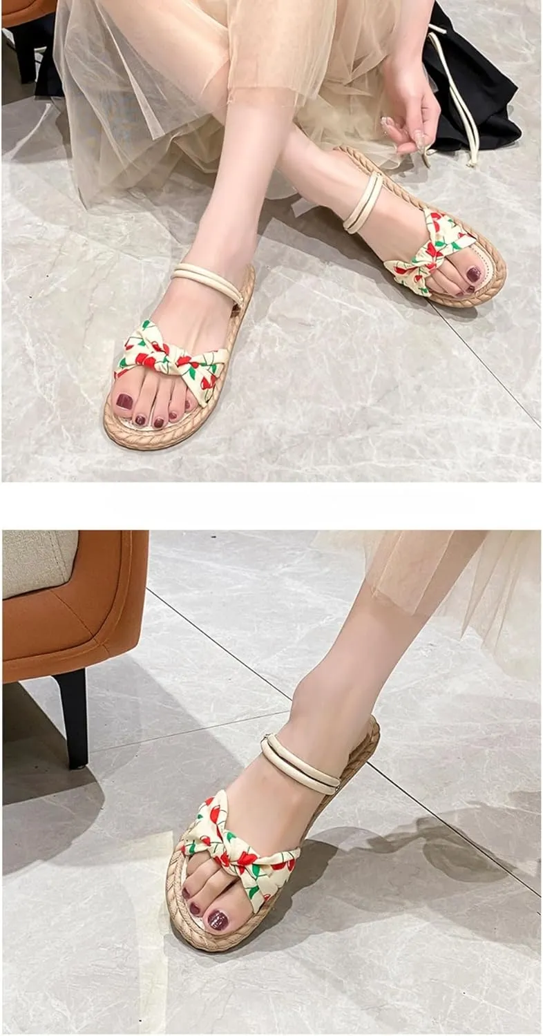Espadrilles Cherry Slippers for Women – Cute Fruit Lightweight Flat Beach Sandals, Non-Slip Open Toe Thong, Dressy Chunky Summer Vacation Shoes Mothers Days Gift