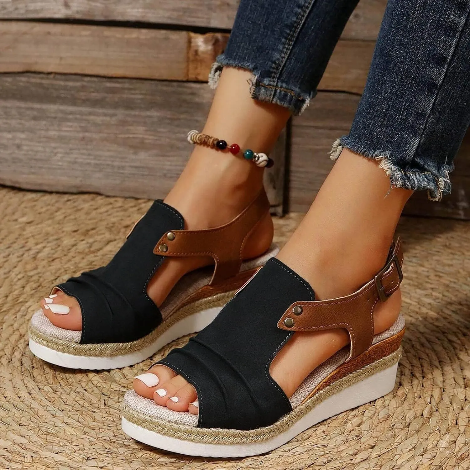 Espadrilles Wedge Sandals for Women,Open Toe Sandals Women Summer Dressy 2025 Comfortable Low Wedge Sandals Casual Slip On Sandals Strappy Sandals Fashion Platform Wedge Sandals