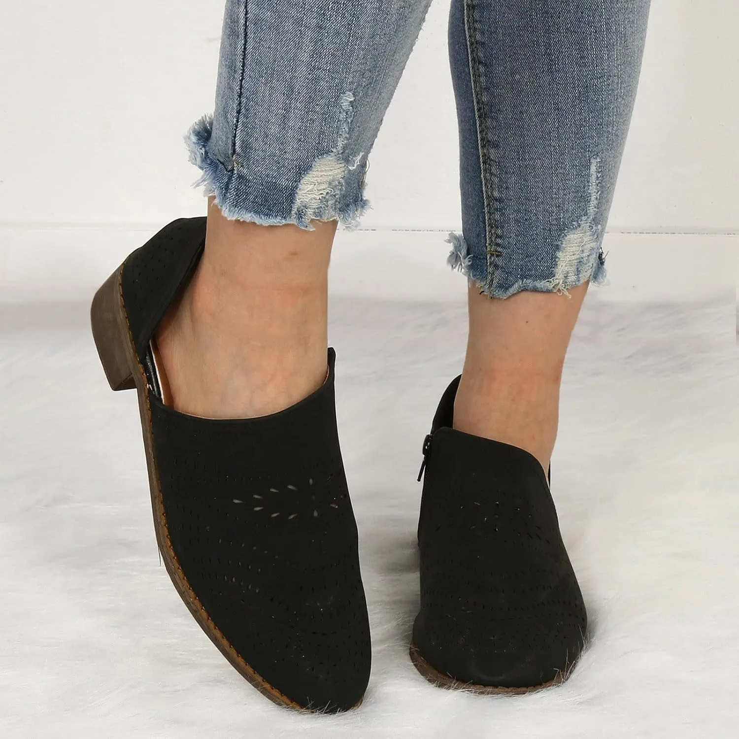 Fall Boots for Women 2024 Low Heel Casual Slip on Ankle Boots V Cutout Pointed Toe Chunky Stacked Mid Heel Booties
