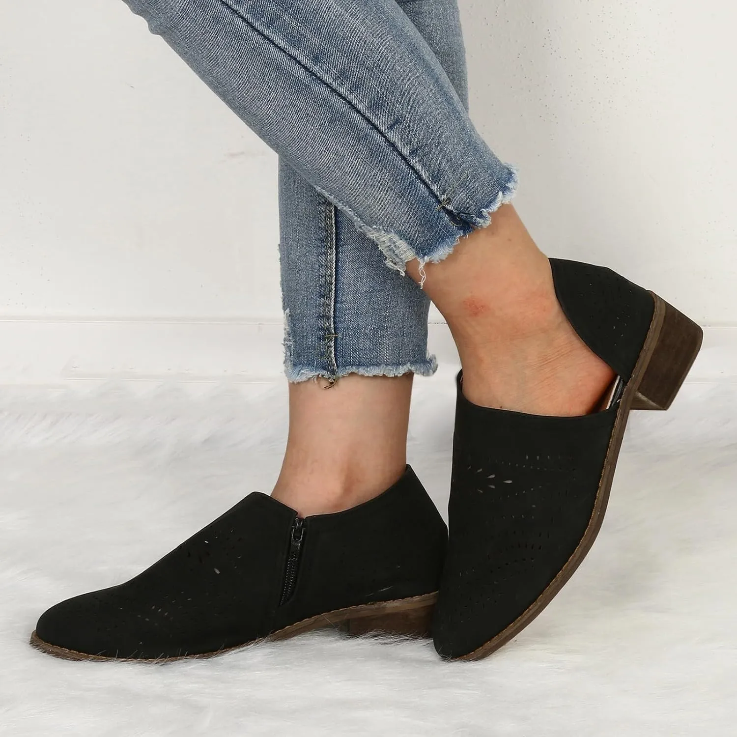Fall Boots for Women 2024 Low Heel Casual Slip on Ankle Boots V Cutout Pointed Toe Chunky Stacked Mid Heel Booties