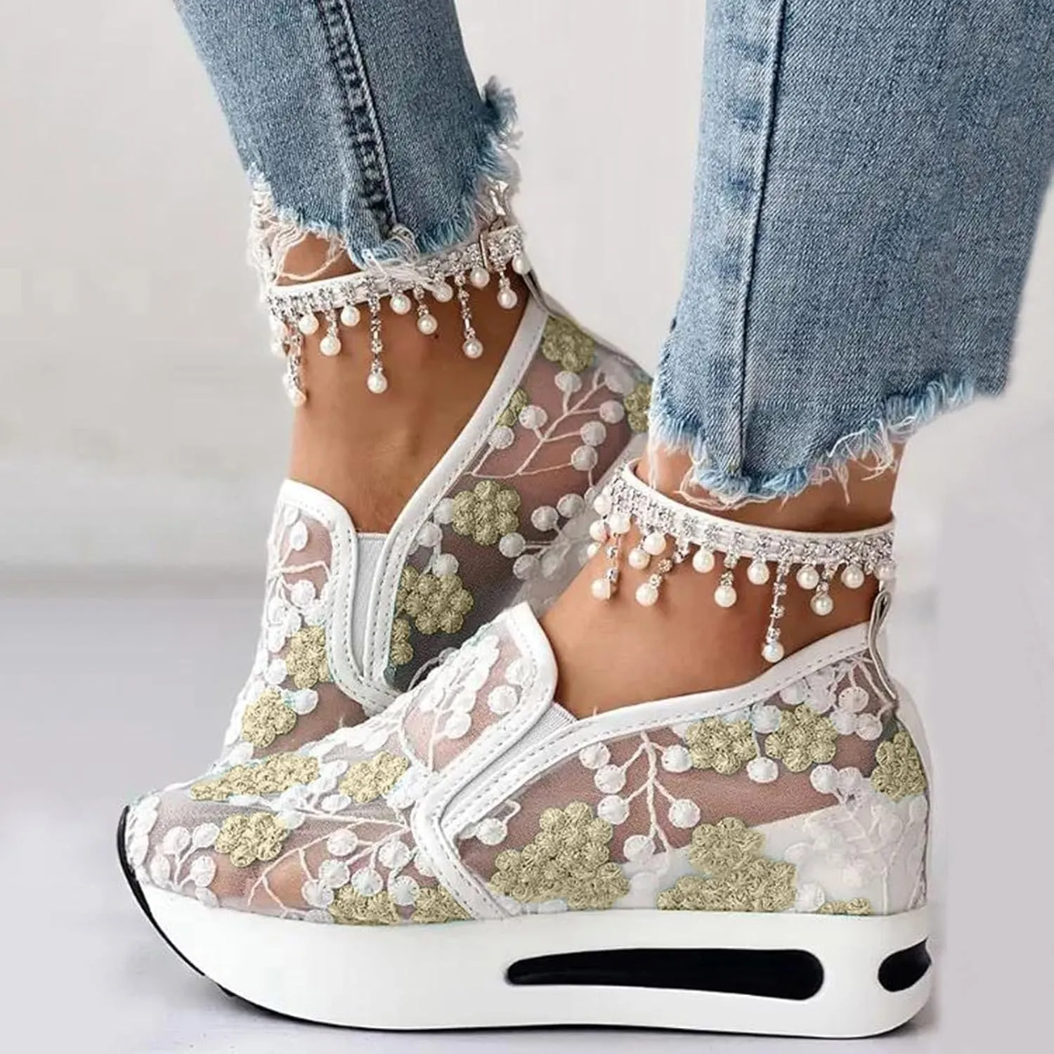 Fashion Sneakers for Women Platform Wedge Sneakers Floral Embroidery Breathable Sheer Mesh Lace Sneaker Mesh Air Comfort Chunky Sole Hidden High Heels Slip On Loafers Dressy Casual Walking Shoes