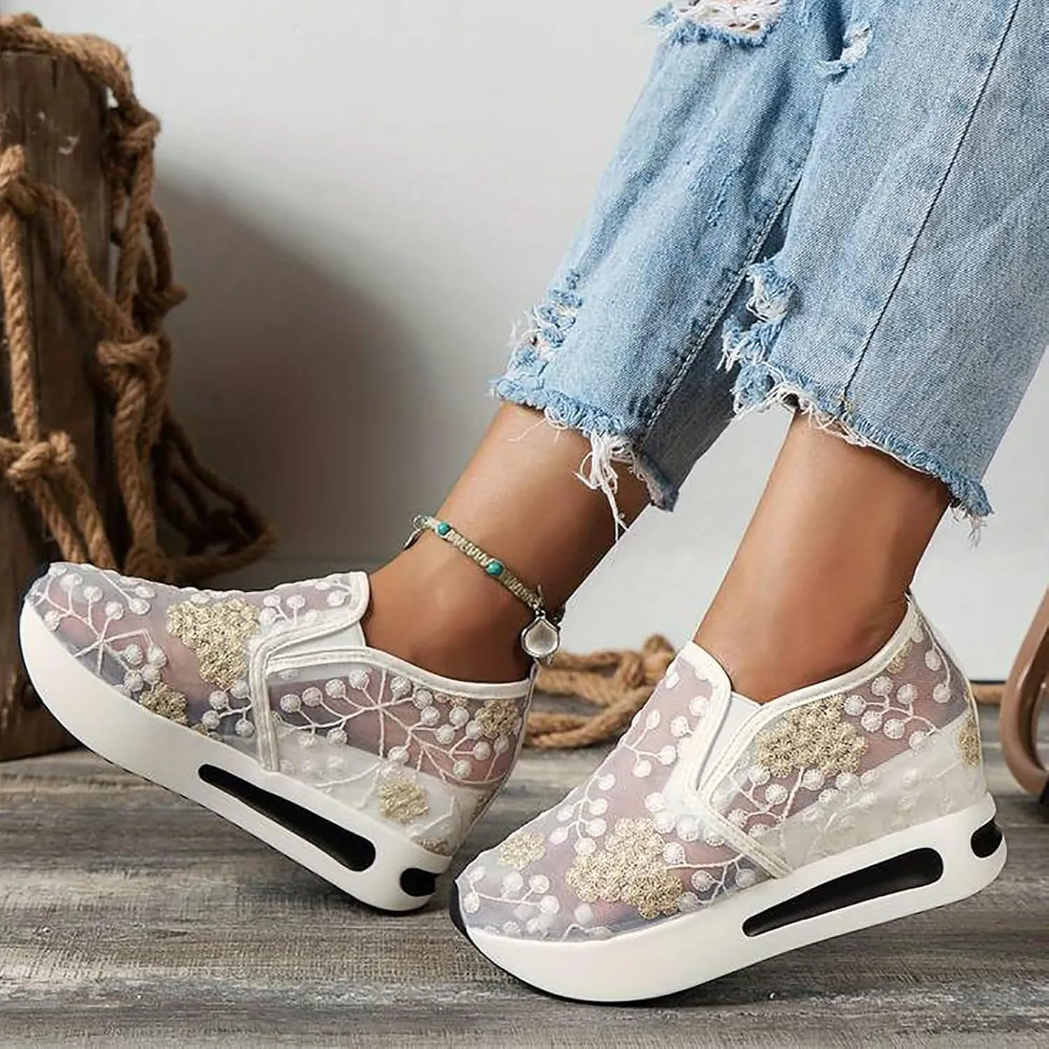 Fashion Sneakers for Women Platform Wedge Sneakers Floral Embroidery Breathable Sheer Mesh Lace Sneaker Mesh Air Comfort Chunky Sole Hidden High Heels Slip On Loafers Dressy Casual Walking Shoes