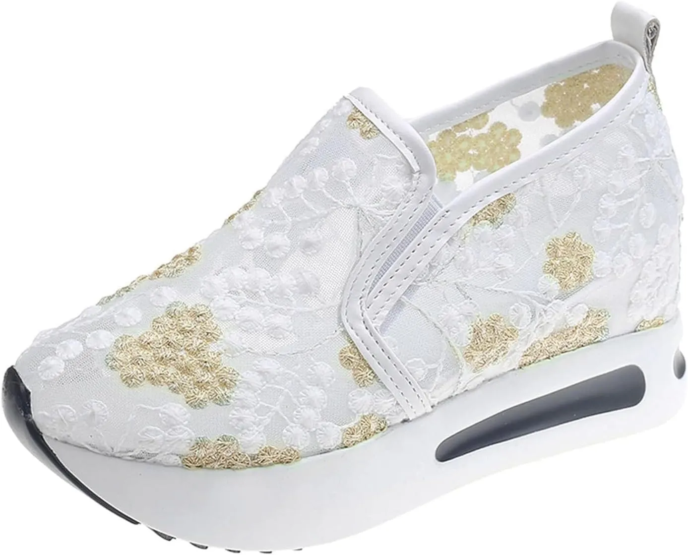 Fashion Sneakers for Women Platform Wedge Sneakers Floral Embroidery Breathable Sheer Mesh Lace Sneaker Mesh Air Comfort Chunky Sole Hidden High Heels Slip On Loafers Dressy Casual Walking Shoes