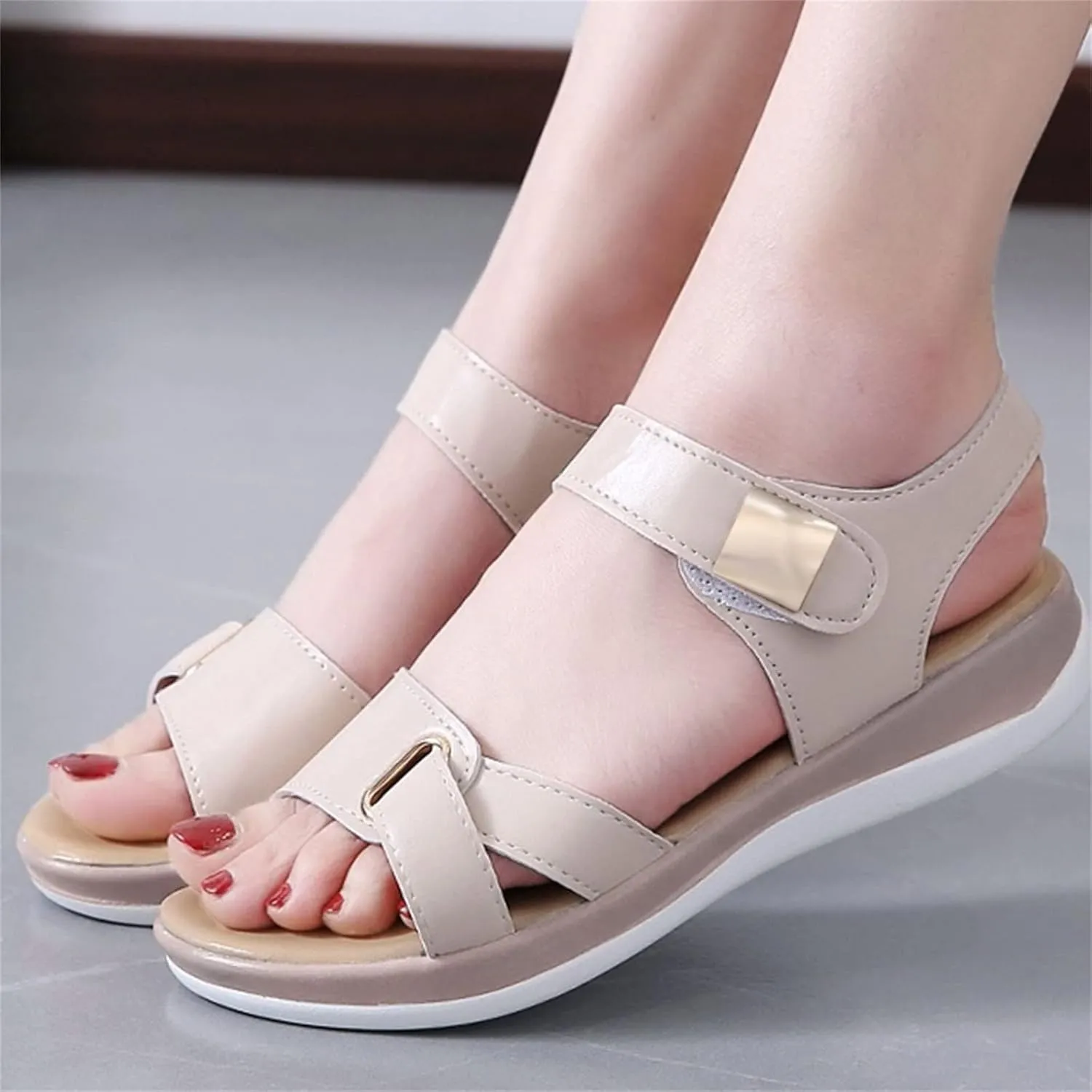Fashion Summer Women Sandals Flat Thick Bottom Open Toe Hook Loop Solid Color Casual Sandals for Women Dressy Flat