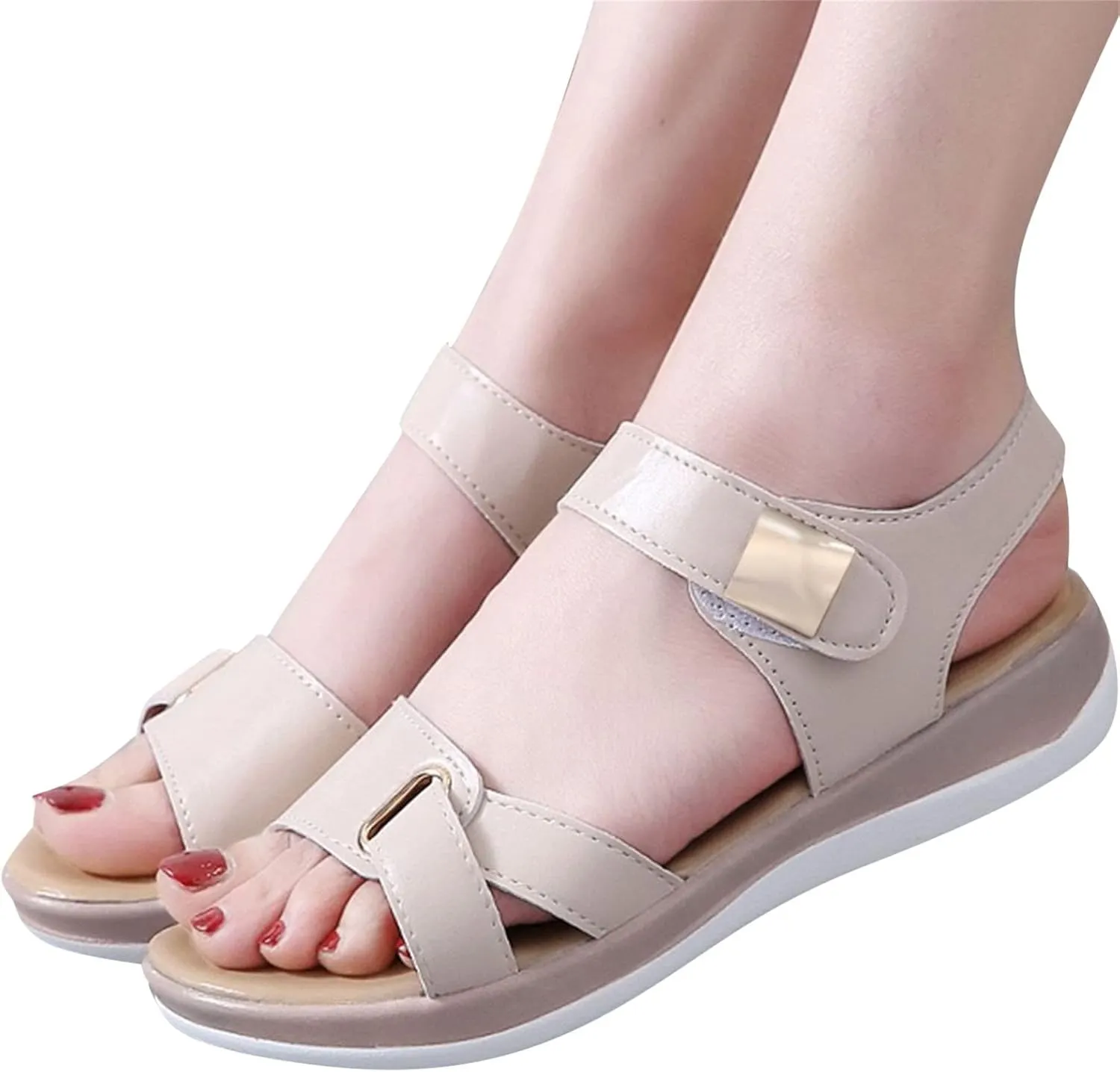 Fashion Summer Women Sandals Flat Thick Bottom Open Toe Hook Loop Solid Color Casual Sandals for Women Dressy Flat