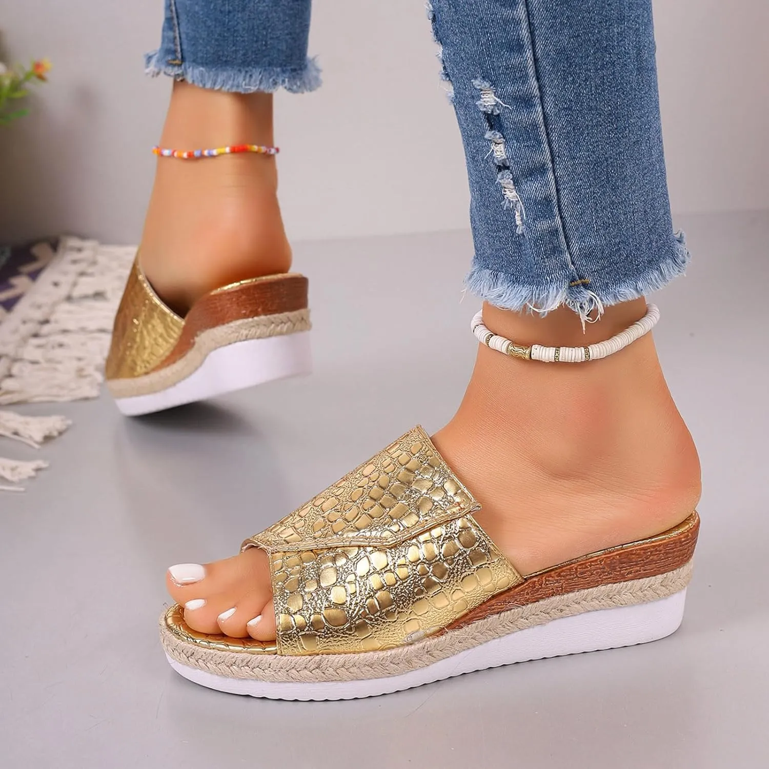 Fashion Wedge Sandals for Women Snakeskin Large Size Slippers Arch Support Slip On Sandals Women Clear Flat Sandals