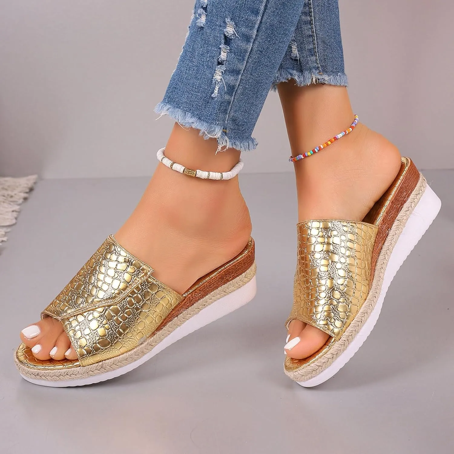 Fashion Wedge Sandals for Women Snakeskin Large Size Slippers Arch Support Slip On Sandals Women Clear Flat Sandals