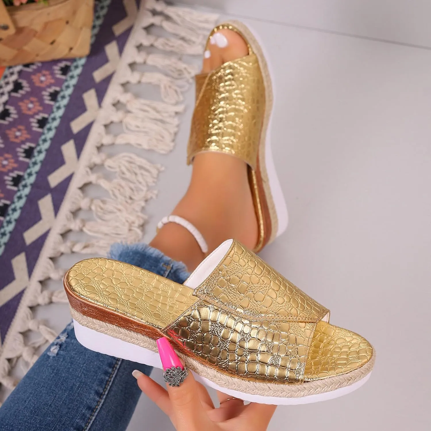Fashion Wedge Sandals for Women Snakeskin Large Size Slippers Arch Support Slip On Sandals Women Clear Flat Sandals