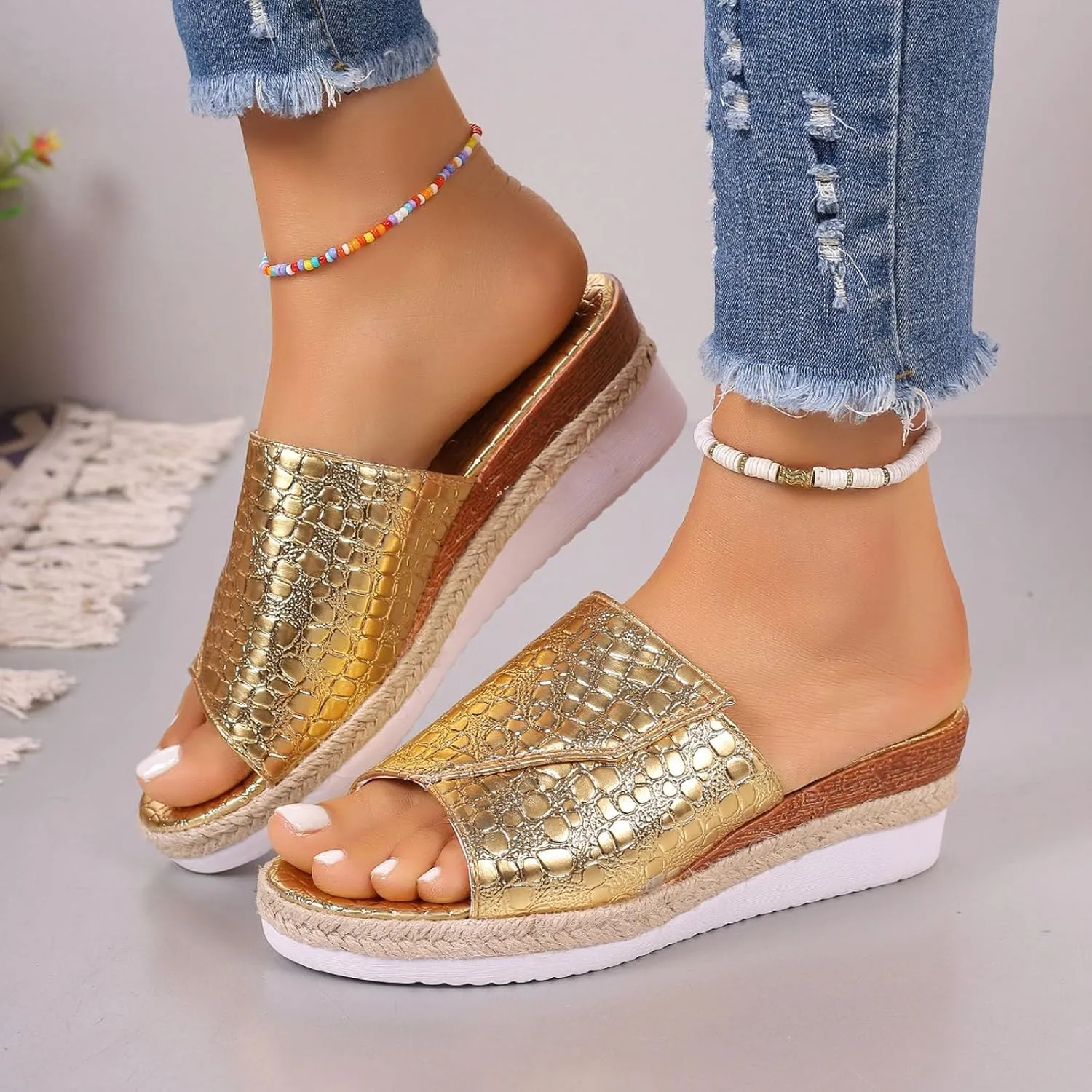 Fashion Wedge Sandals for Women Snakeskin Large Size Slippers Arch Support Slip On Sandals Women Clear Flat Sandals