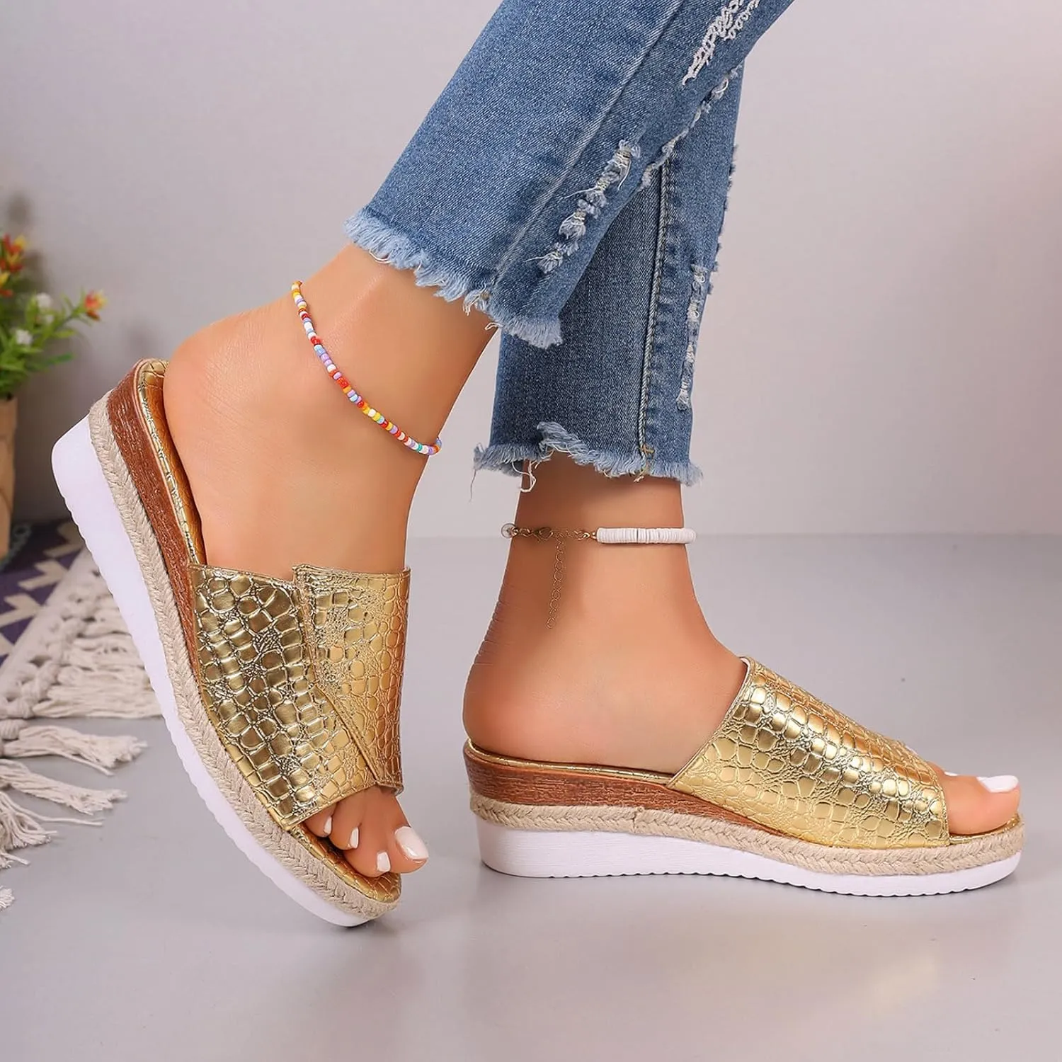 Fashion Wedge Sandals for Women Snakeskin Large Size Slippers Arch Support Slip On Sandals Women Clear Flat Sandals
