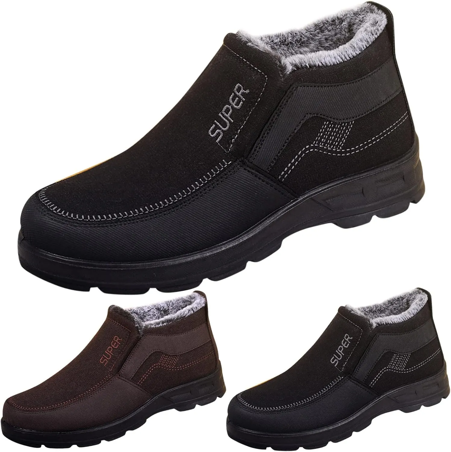 Fashionable Winter Men Snow Boots Thick Soled Non Slip Solid Color Simple Design Plush Warm High Top Slip On Rain Boot