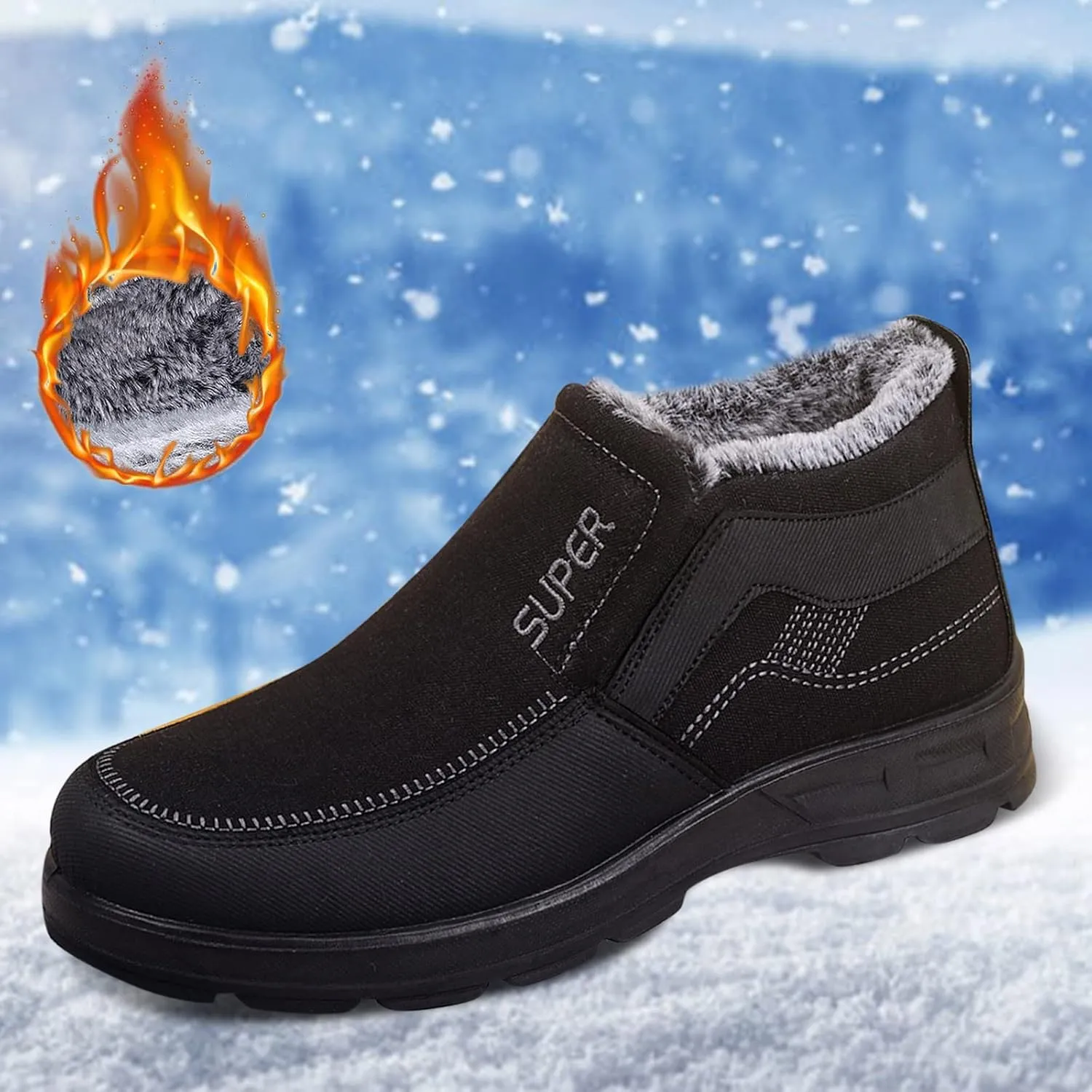 Fashionable Winter Men Snow Boots Thick Soled Non Slip Solid Color Simple Design Plush Warm High Top Slip On Rain Boot